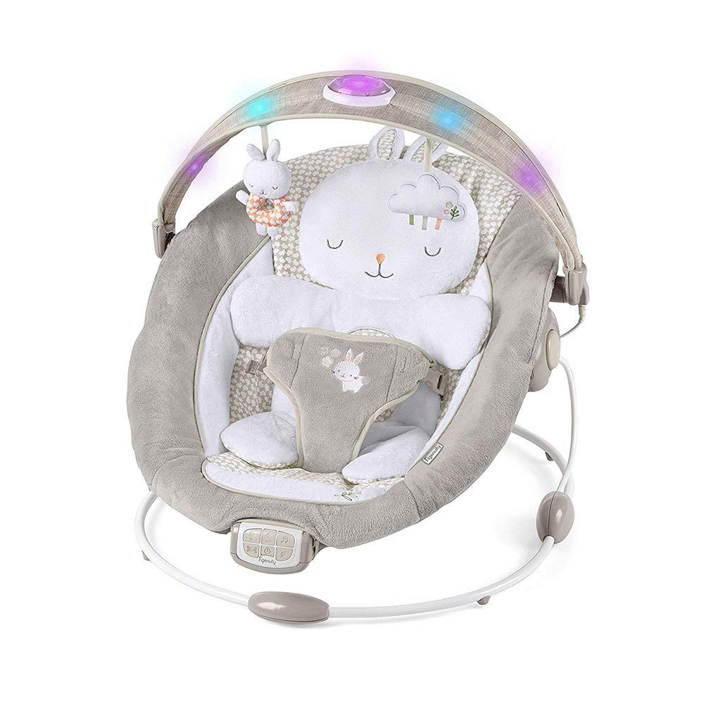 Ingenuity InLighten Baby Bouncer Infant Seat with Light Up -Toy Bar. Vibrations. Tummy Time Pillow & Sounds. 0-6 Months Up to 20 lbs (Twinkle Tails Bunny)