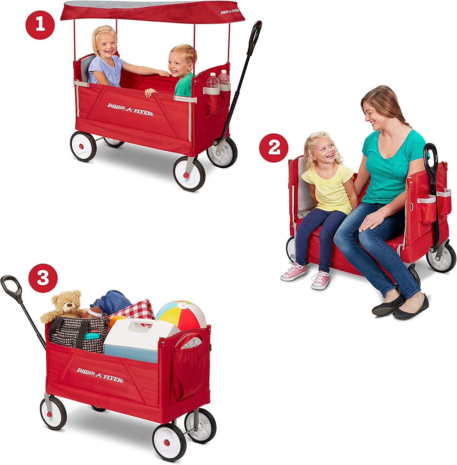 Radio Flyer 3-In-1 EZ Folding. Outdoor Collapsible Wagon for Kids & Cargo. Red Folding Wagon. Canopy