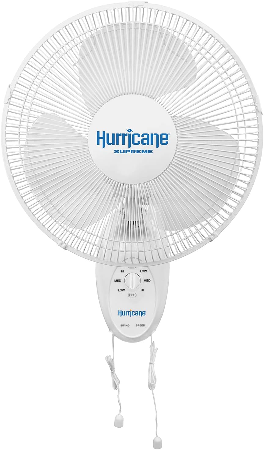Hurricane Supreme 12 Inch Oscillating Wall Mount Fan with 3 Speed Settings and 90 Degree Oscillation. White