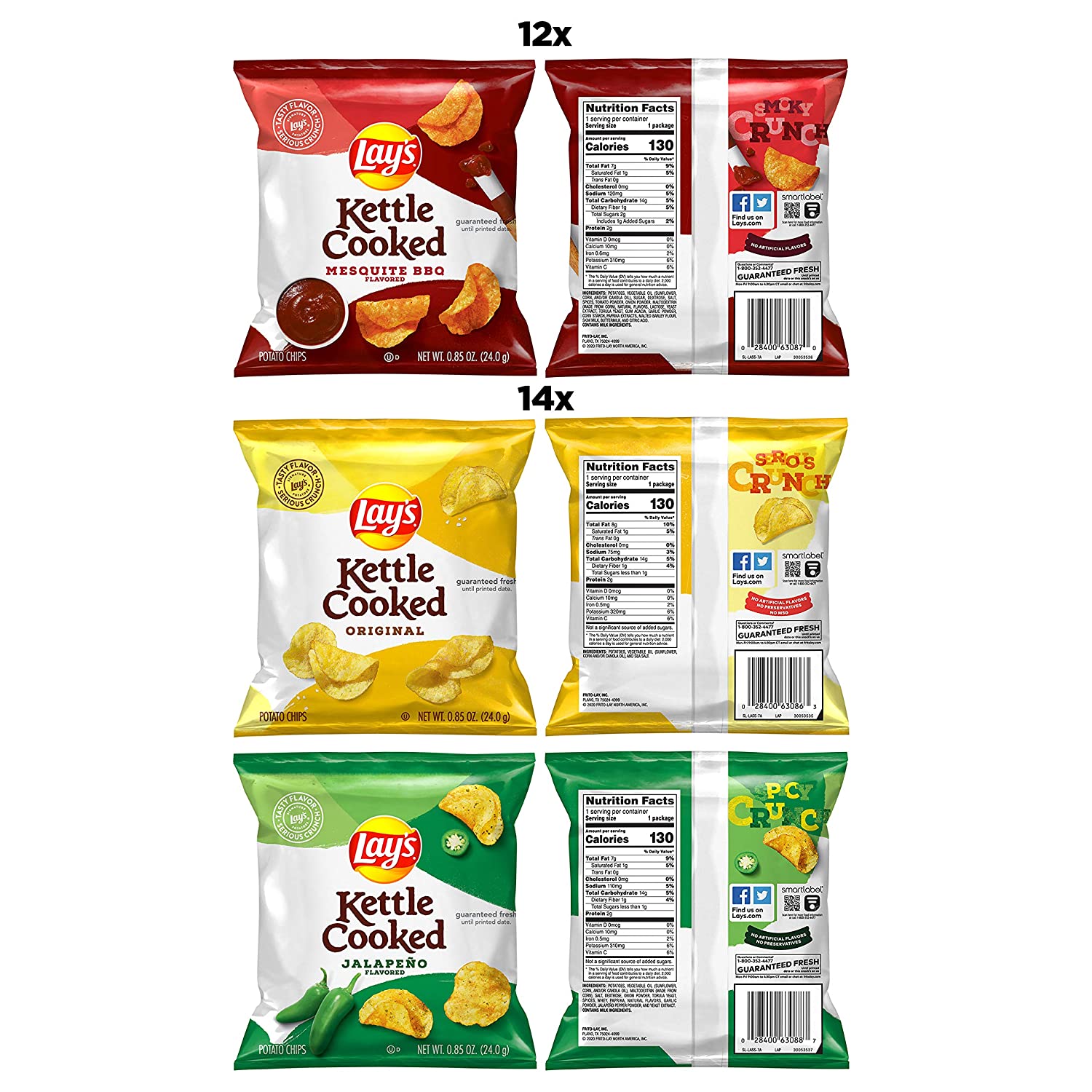 Lay-s Kettle Cooked Potato Chips Variety Pack. 0.85 Ounce (Pack of 40)