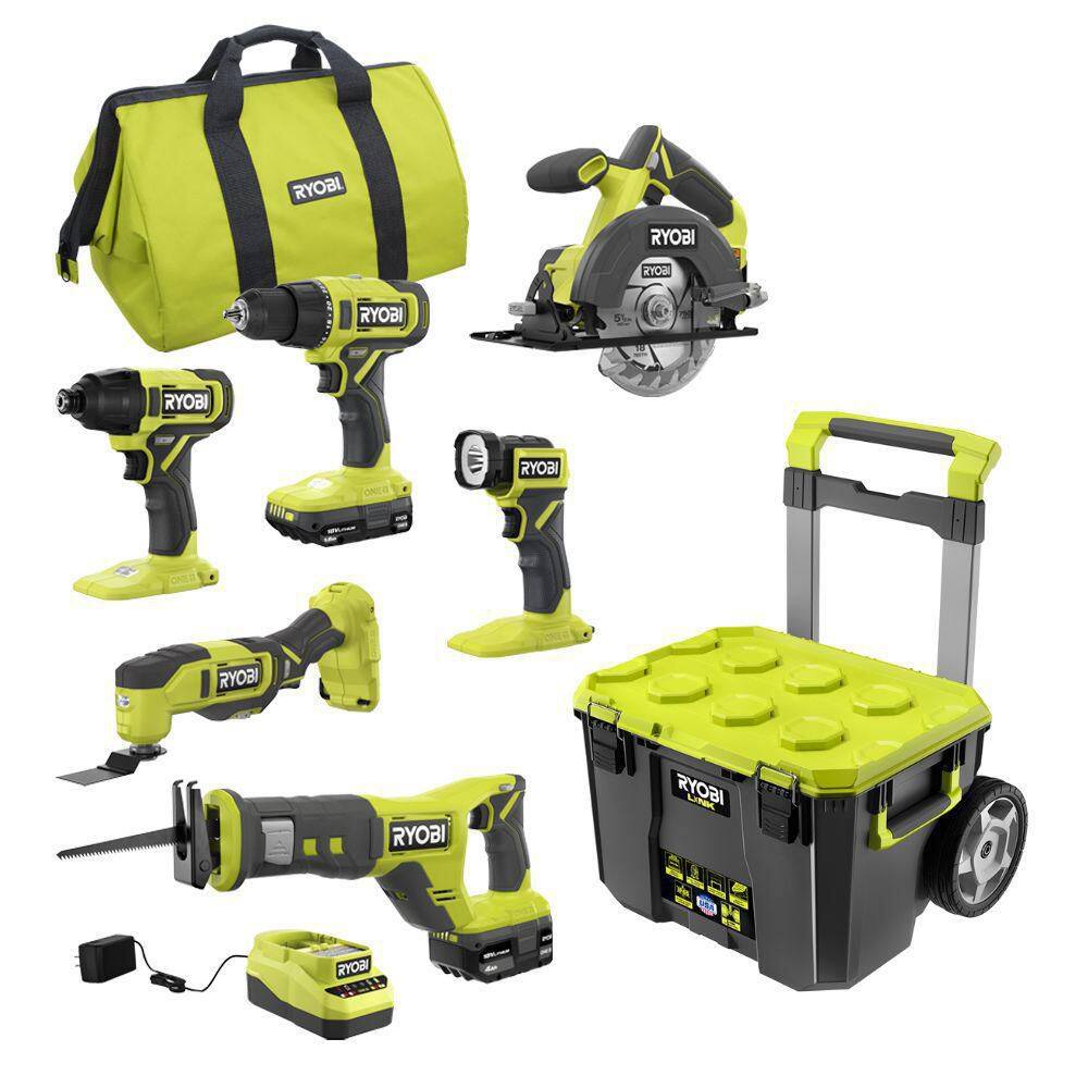 RYOBI PCL1600K2-STM201 ONE+ 18V Cordless 6-Tool Combo Kit with 1.5 Ah Battery. 4.0 Ah Battery. Charger. and LINK Rolling Tool Box