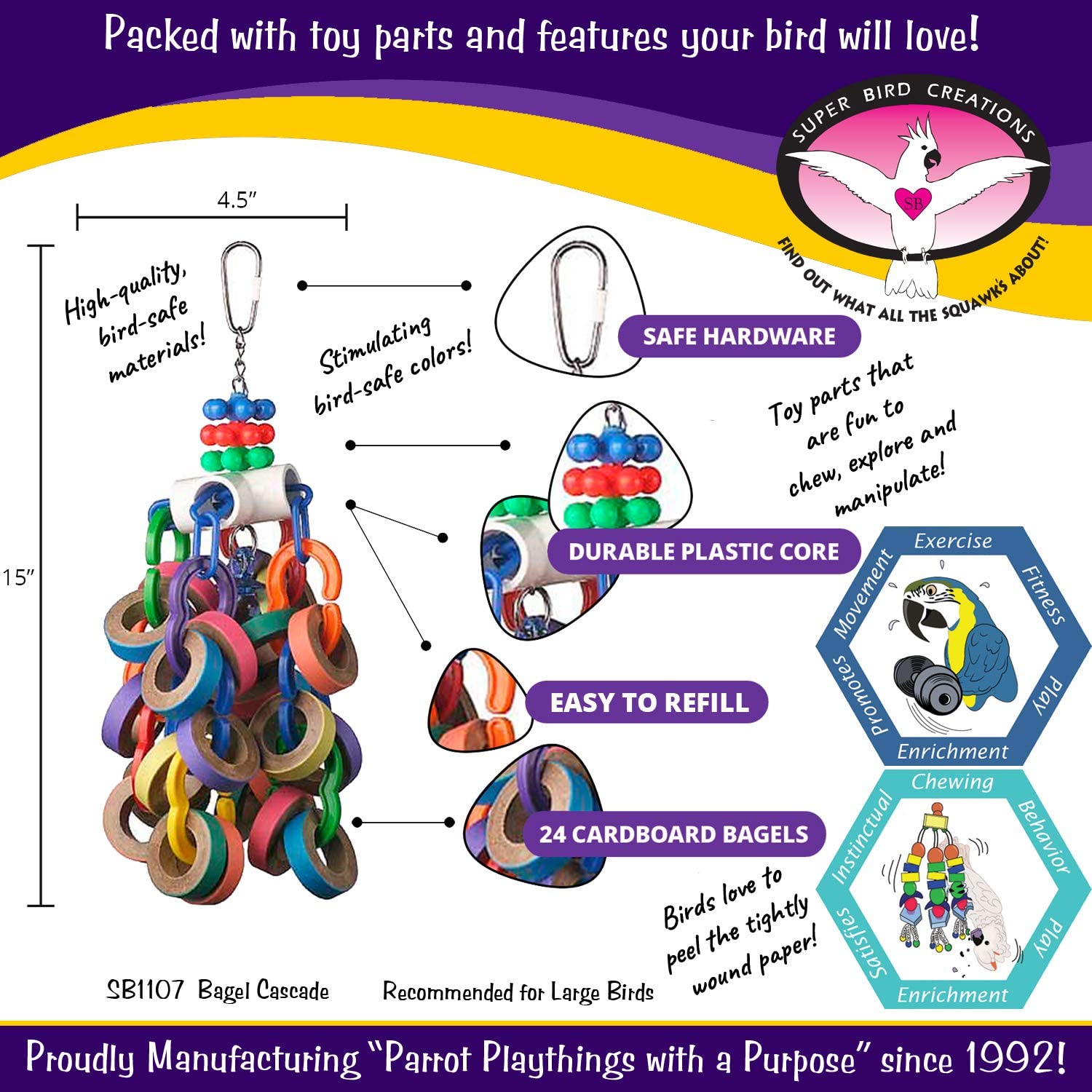 Super Bird Creations SB1107 Bagel Cascade Bird Toy. Large Bird Size. Refillable Bagels. 15 x 4.5