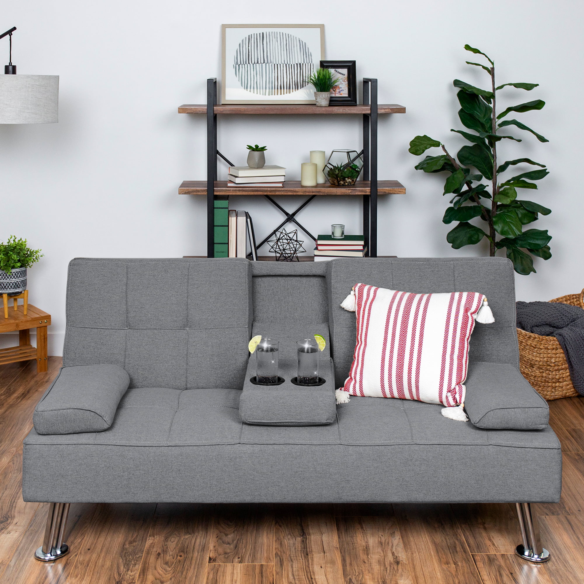 Best Choice Products Modern Linen Convertible Futon Sofa Bed w/ Removable Armrests. Metal Legs. 2 Cupholders - Gray