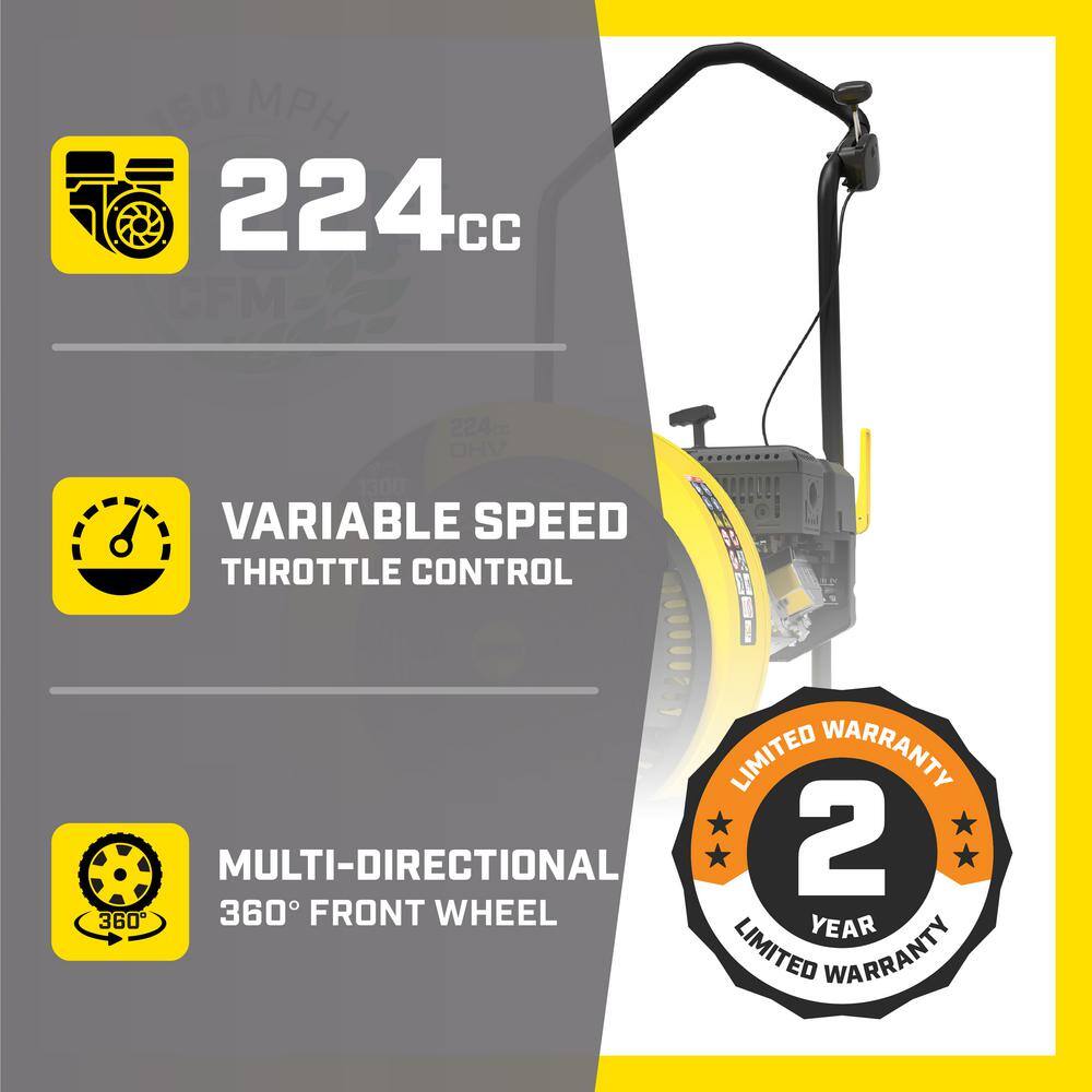 Champion Power Equipment 200947 160 MPH 1300 CFM 224 cc Walk-Behind Gas Leaf Blower with Swivel Front Wheel and 90-Degree Flow Diverter