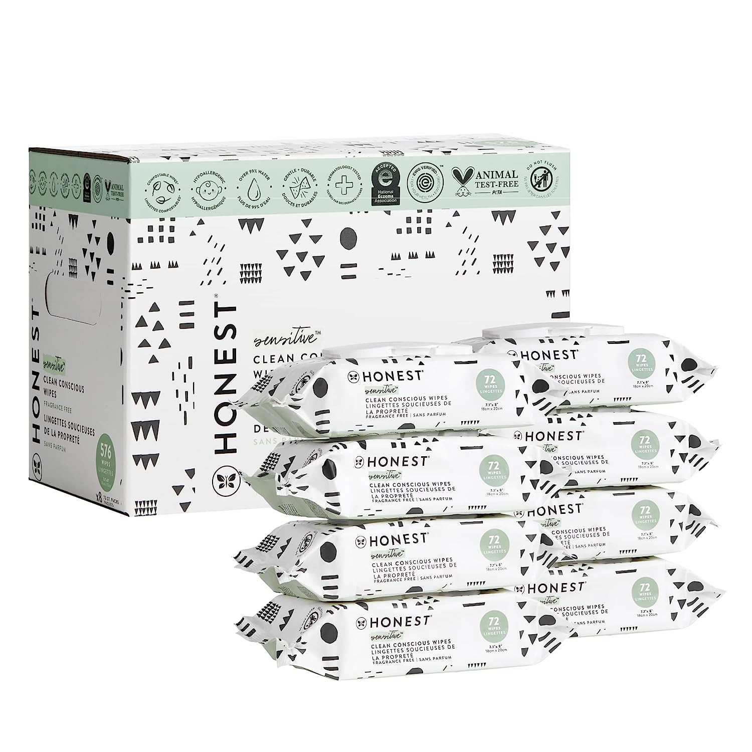 The Honest Company Clean Conscious Wipes | 99% Water. Compostable. Plant-Based. Baby Wipes | Hypoallergenic. EWG Verified | Pattern Play. 576 Count