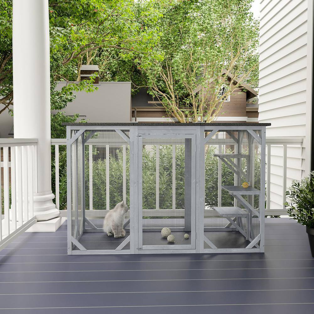 PawHut D32-002GY 71 in. L Grey Wooden Outdoor Cat House with Asphalt Roof. Multi-Level Platforms. and Large Enter Door