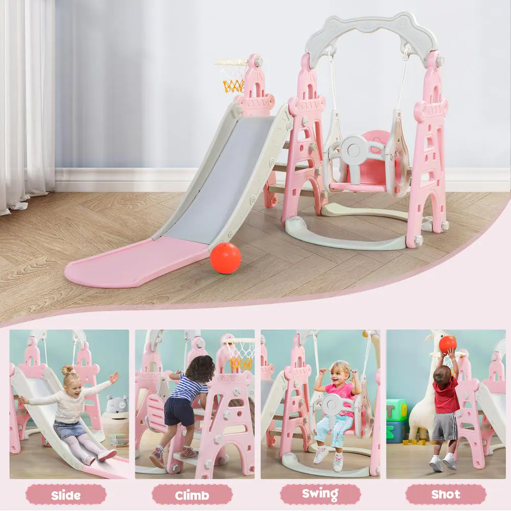 TOBBI TH17G0755 3 in. 1 Kids Slide and Swing Set Toddler Climber Playset Indoor Outdoor Playground. Pink and Grey