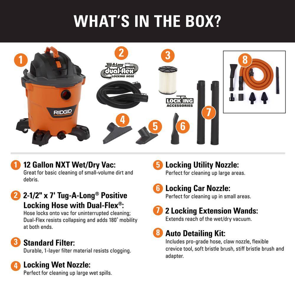 RIDGID HD1200A 12 Gallon 5.0 Peak HP NXT Wet/Dry Shop Vacuum with Filter. Locking Hose. Accessories and Premium Car Cleaning Kit