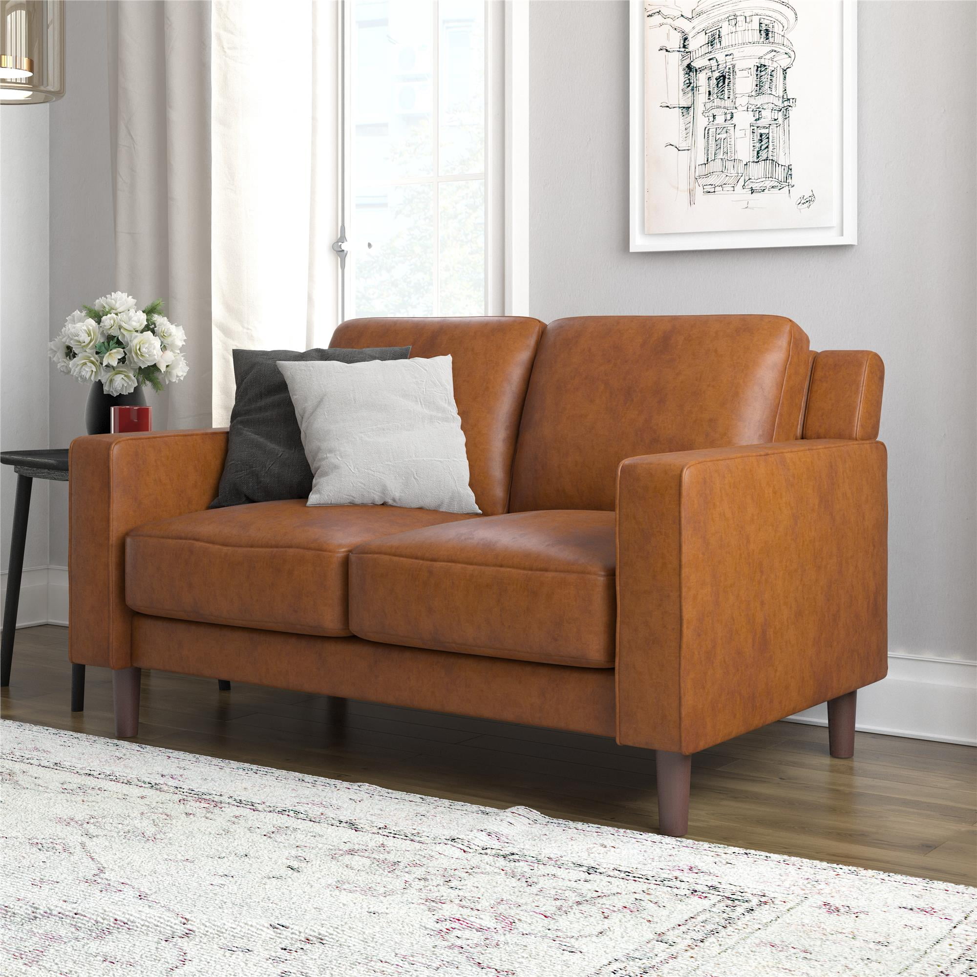 DHP Bryanna Loveseat 2 Seater Sofa . Camel Faux Leather
