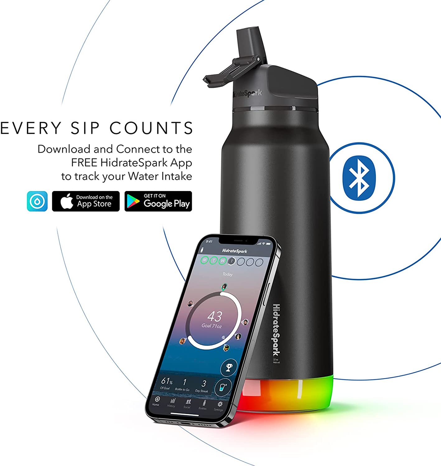 HidrateSpark PRO 32oz Smart Water Bottle Stainless Steel - Tracks Water Intake & Glows to Remind You to Stay Hydrated . Straw Lid. Black