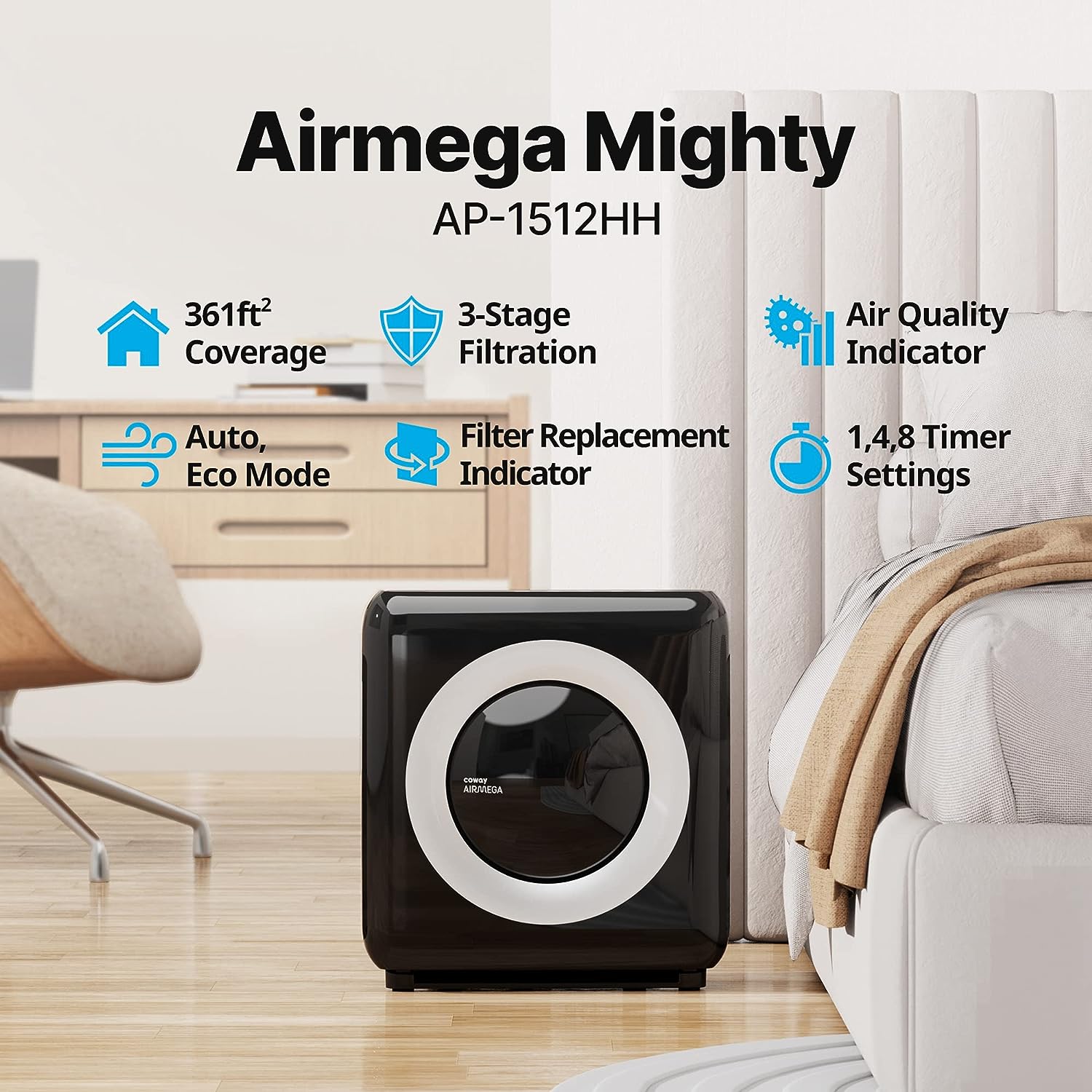 Coway Airmega AP-1512HH True HEPA Air Purifier with Air Quality Monitoring. Auto Mode. Timer. Filter Indicator. Eco Mode