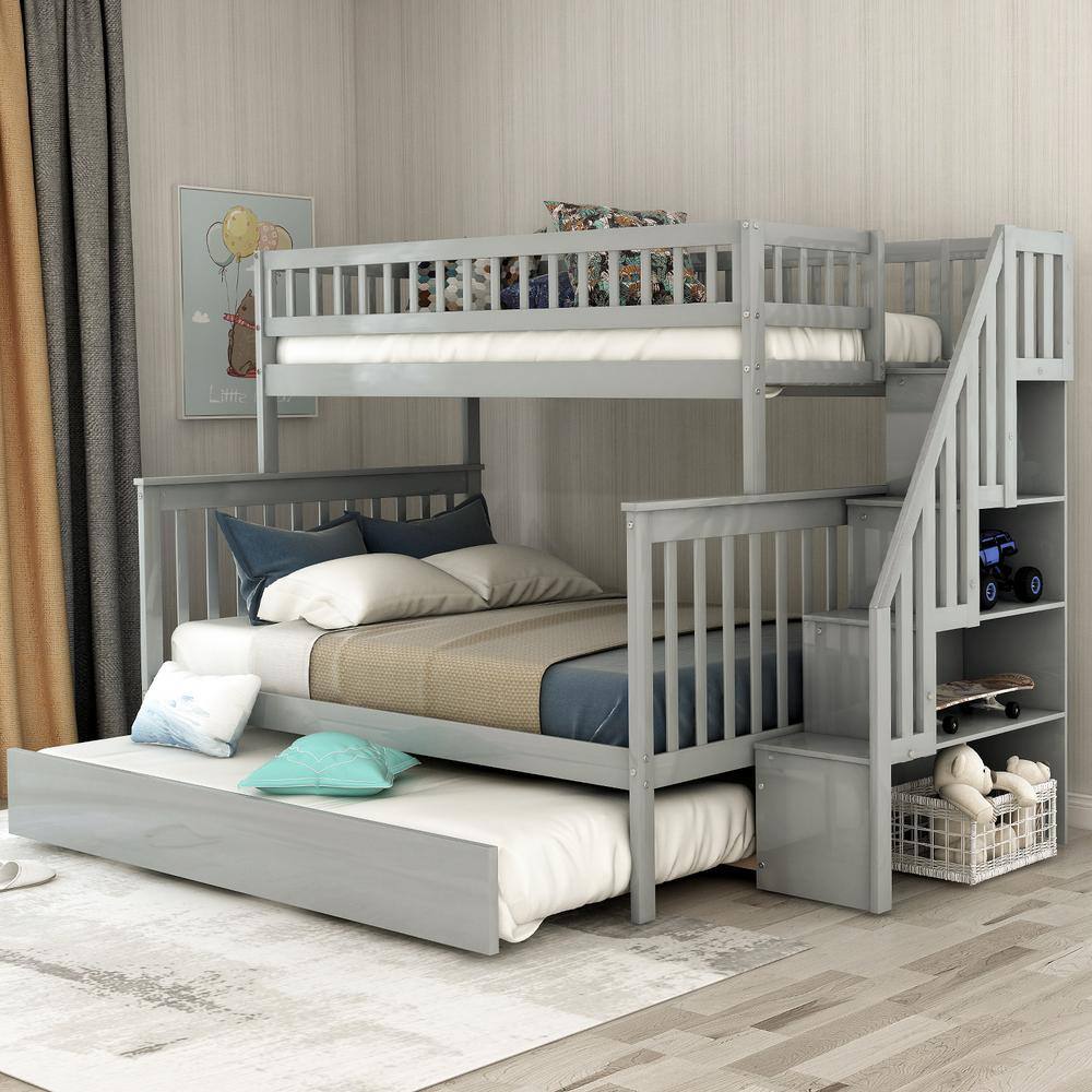 Harper & Bright Designs  Gray Twin Over Full Bunk Bed with Trundle and Stairs for Kids