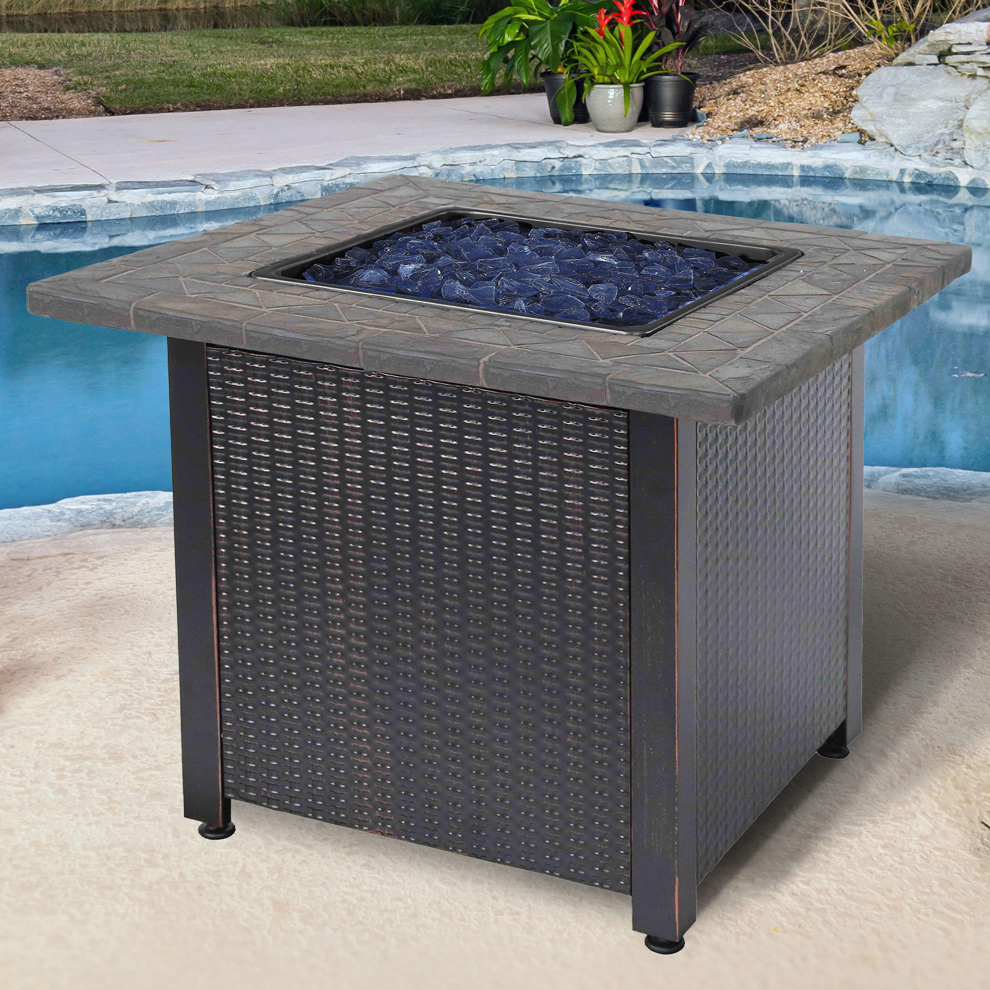 Endless Summer 30.000 BTU LP Gas Outdoor Fire Table w/Resin Mantel. Blue Fire Glass