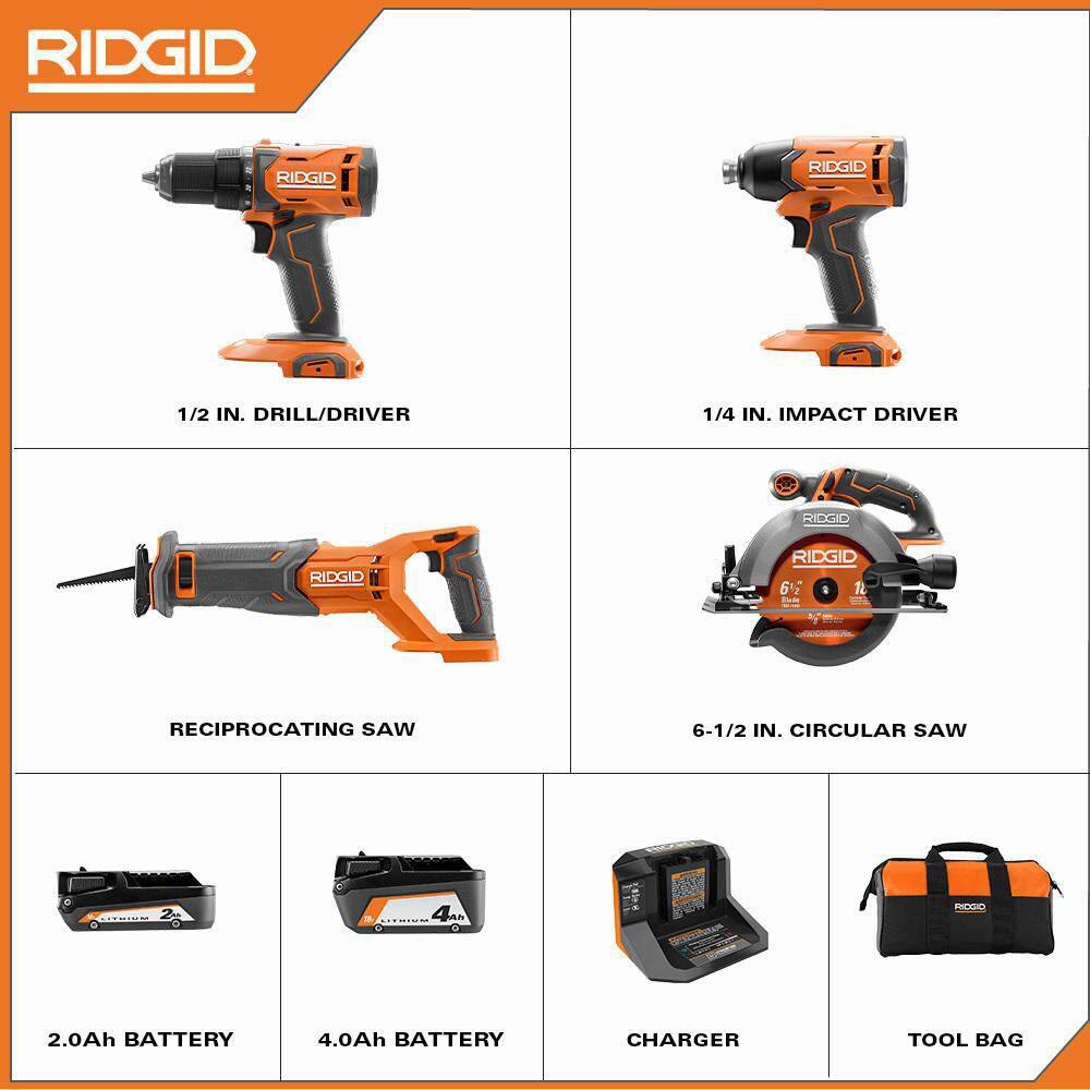 RIDGID R96256 18V Cordless 4-Tool Combo Kit with (1) 4.0 Ah Battery. (1) 2.0 Ah Battery. Charger. and Bag