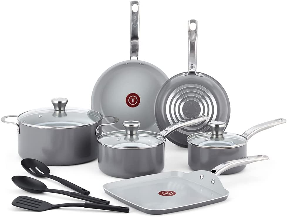 T-fal Fresh Recycled Aluminum Ceramic Nonstick Cookware Set 12 Piece Pots and Pans. Dishwasher Safe Grey