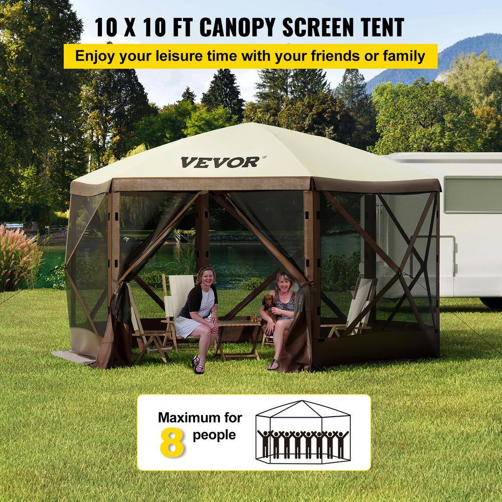 VEVOR MZY610FT10FT67P5KV0 Camping Gazebo Tent 10 ft. x 10 ft. 6 Sided Pop-Up Canopy Screen Tent for 8-Person with Storage Bag. Brown and Beige