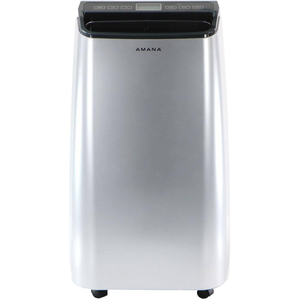 Amana AMAP121AW-2 12000 BTU (7.500 BTU DOE) Portable AC with Remote 450 sq. ft. Timer 3-Speed LCD Display Auto-Restart Wheels Silver. Gray