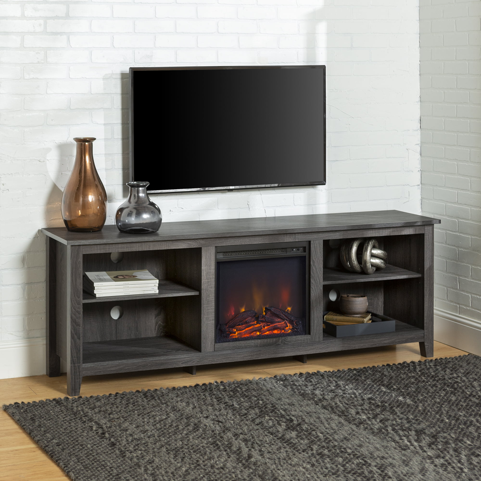 Woven Paths Open Storage Fireplace TV Stand for TVs up to 80″. Charcoal