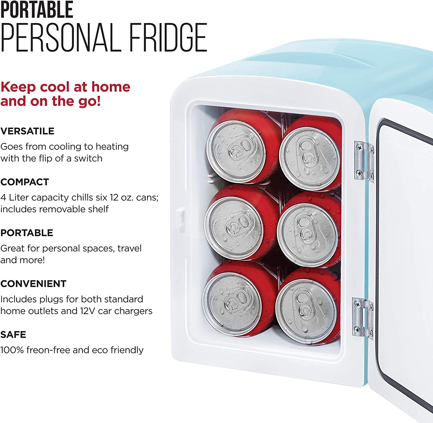 Chefman Mini Portable Blue Personal Fridge Cools Or Heats & Provides Compact Storage For Skincare. Snacks. Or 6 12oz Cans W/ A Lightweight 4-liter Capacity To Take On The Go