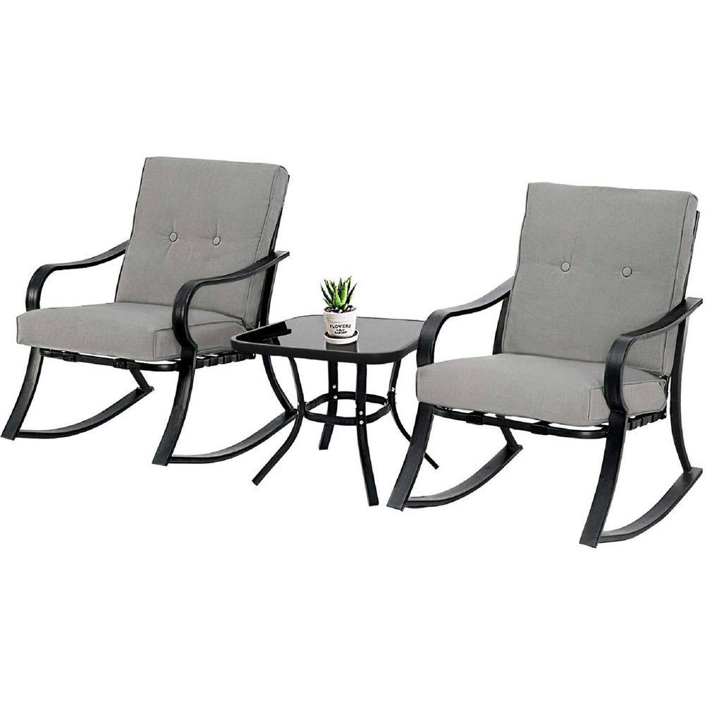 Suncrown  3-Piece Metal Outdoor Bistro Set Rocking Chairs with Gray Cushions