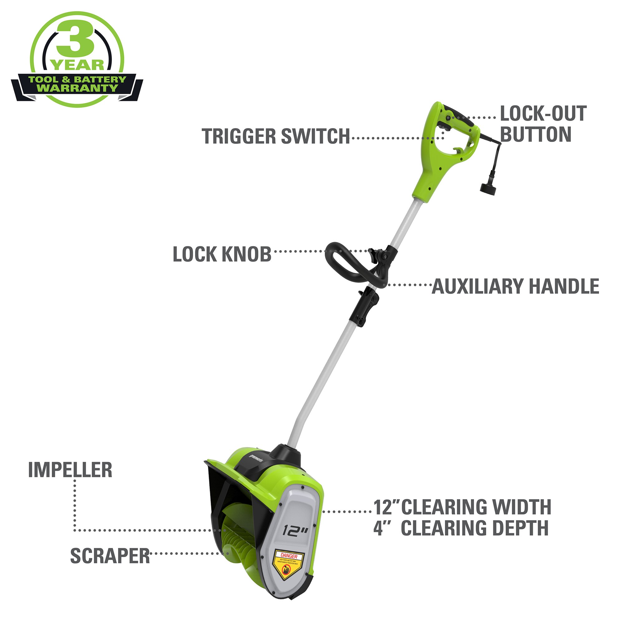 Greenworks 12″ 8 Amp Corded Electric Snow Shovel with Electric Start. 2600802