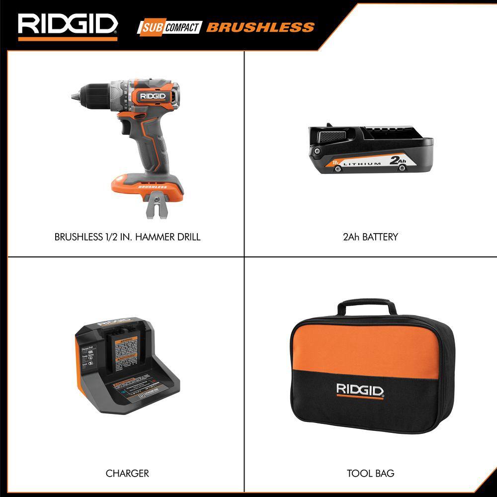 RIDGID R8711K 18V SubCompact Brushless 1/2 in. Hammer Drill Kit with (2) 2.0 Ah Batteries. Charger. and Bag