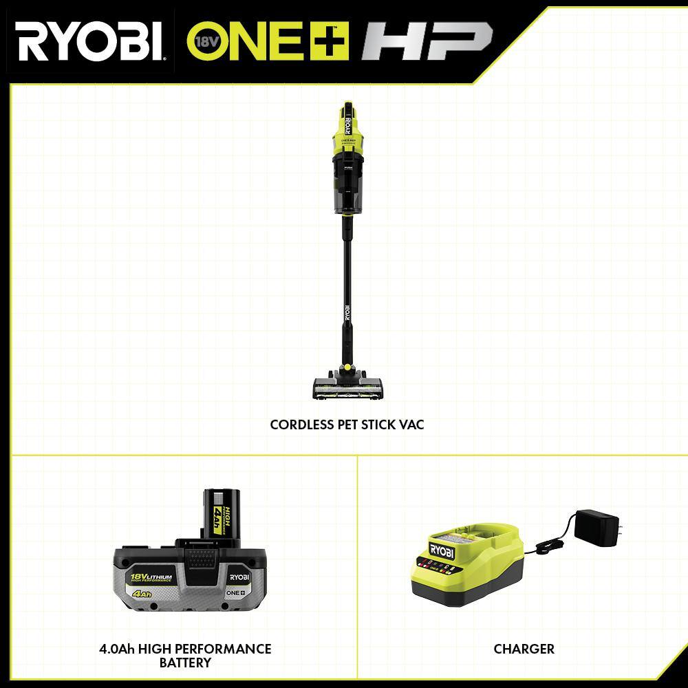 RYOBI PBLSV716K ONE+ HP 18V Brushless Cordless Pet Stick Vacuum Cleaner Kit with 4.0 Ah HIGH PERFORMANCE Battery and Charger