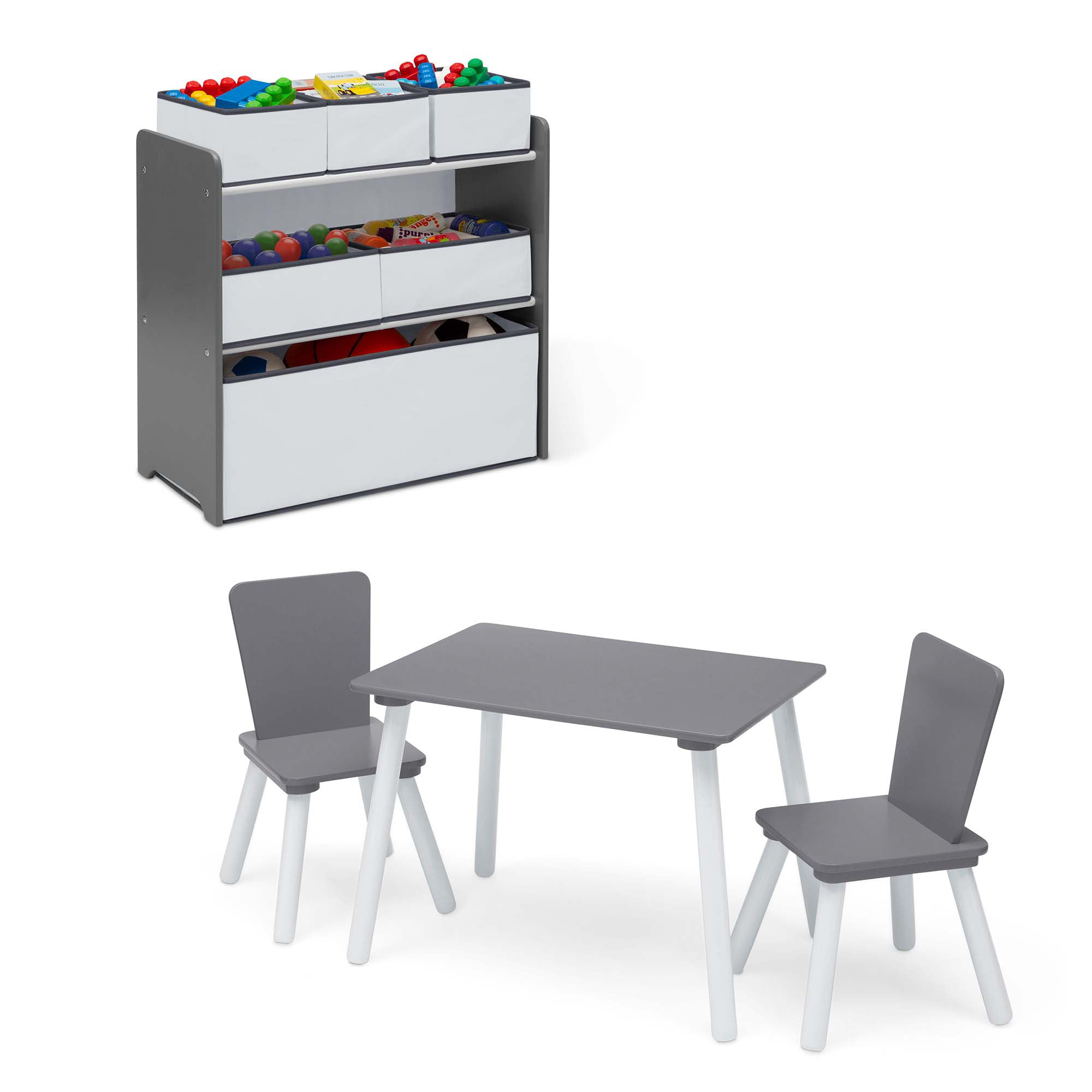 Delta Children 4-Piece Toddler Playroom Set – Includes Play Table with Dry Erase Tabletop and 6 Bin Toy Organizer with Reusable Vinyl Cling Stickers. Grey/White