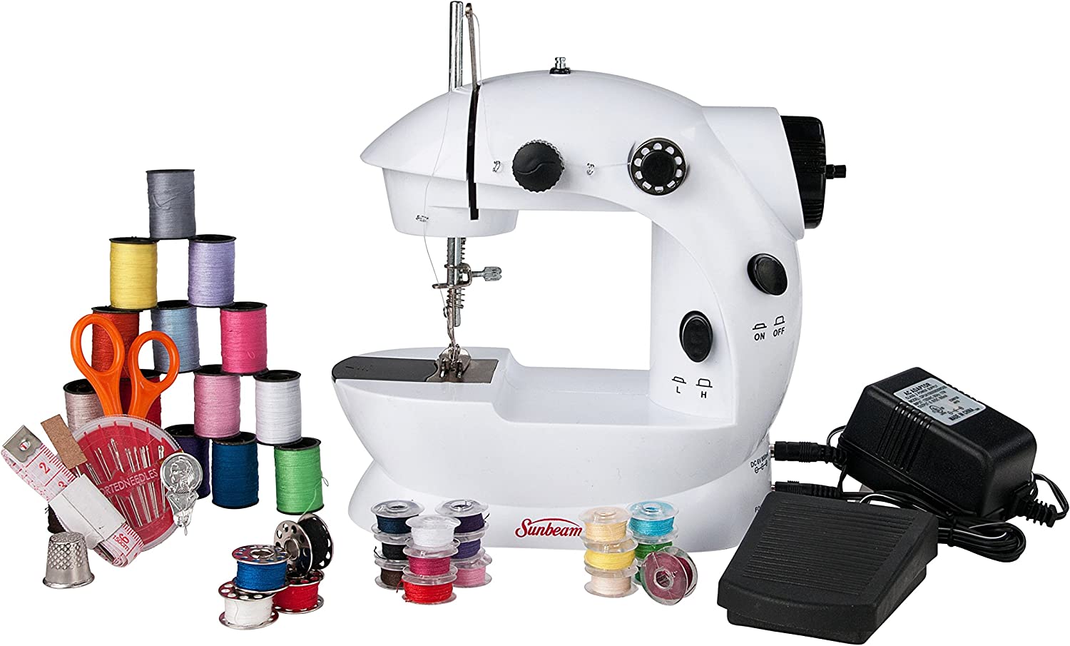 Sunbeam Mini Portable Sewing Machine AC Adapter Foot Pedal And Over 75 Piece Sewing Kit Included. Drop In Bobbin For Easy Set Up. Double Thread and Speed. Pre Threaded Ready To Use. Battery Operated As Well