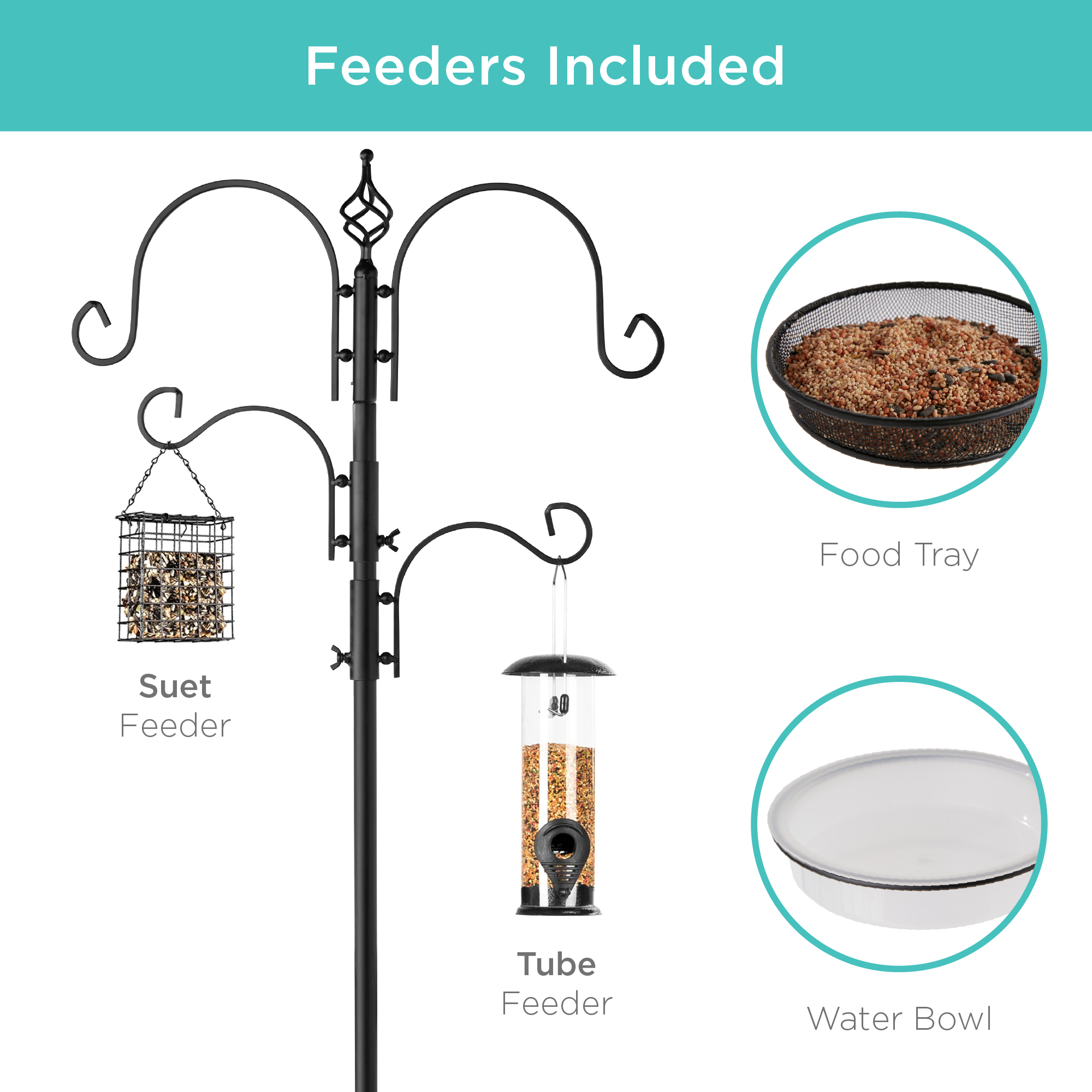 Best Choice Products 91in 4-Hook Bird Feeding Station. Steel Multi-Feeder Stand w/ 2 Feeders. Tray. Bird Bath - Black