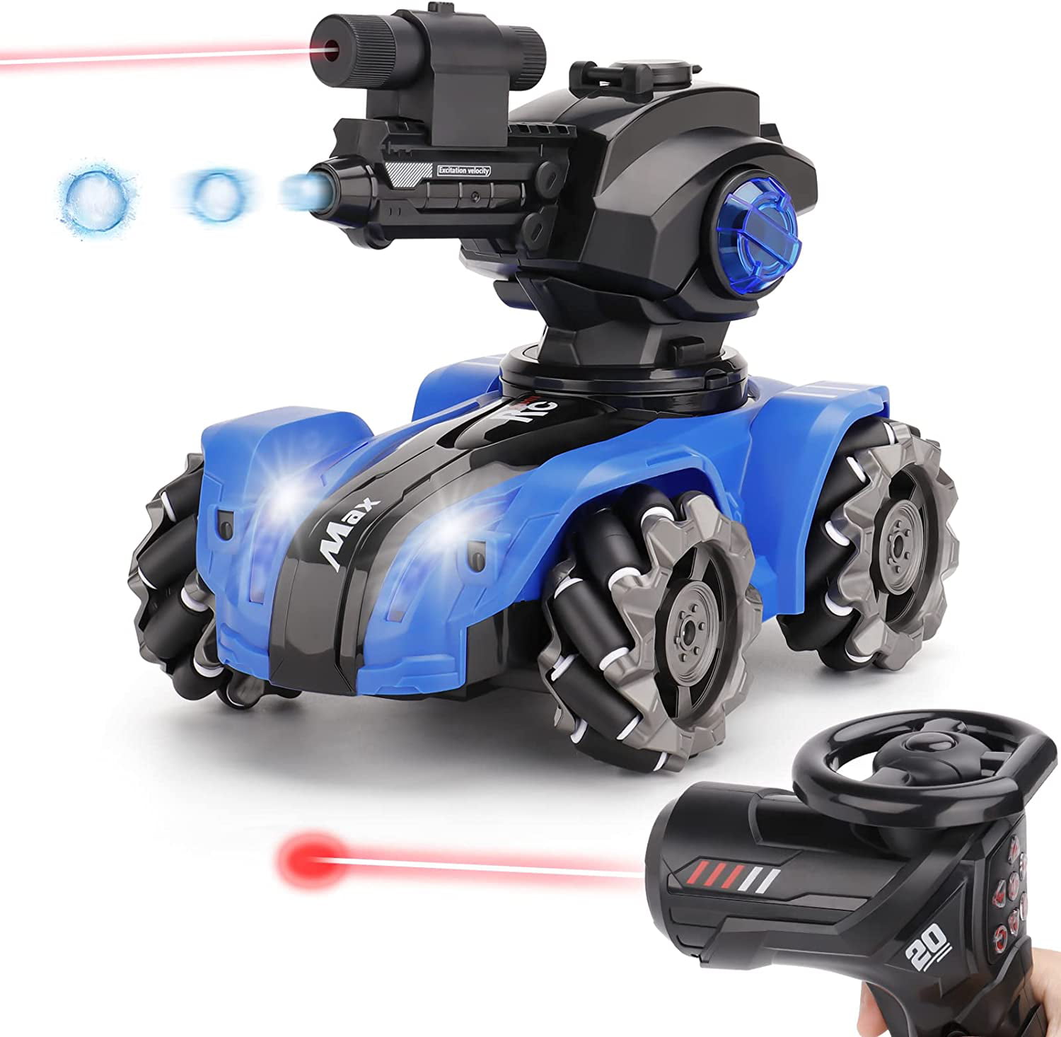 Flend RC 2 Head Tank Car Shooting Water Bombs Remote Control Car Toy 4WD Battle 360°Rotating LED Music Bubble Tank Toy Gifts for Age 6-15 Boys and Girls