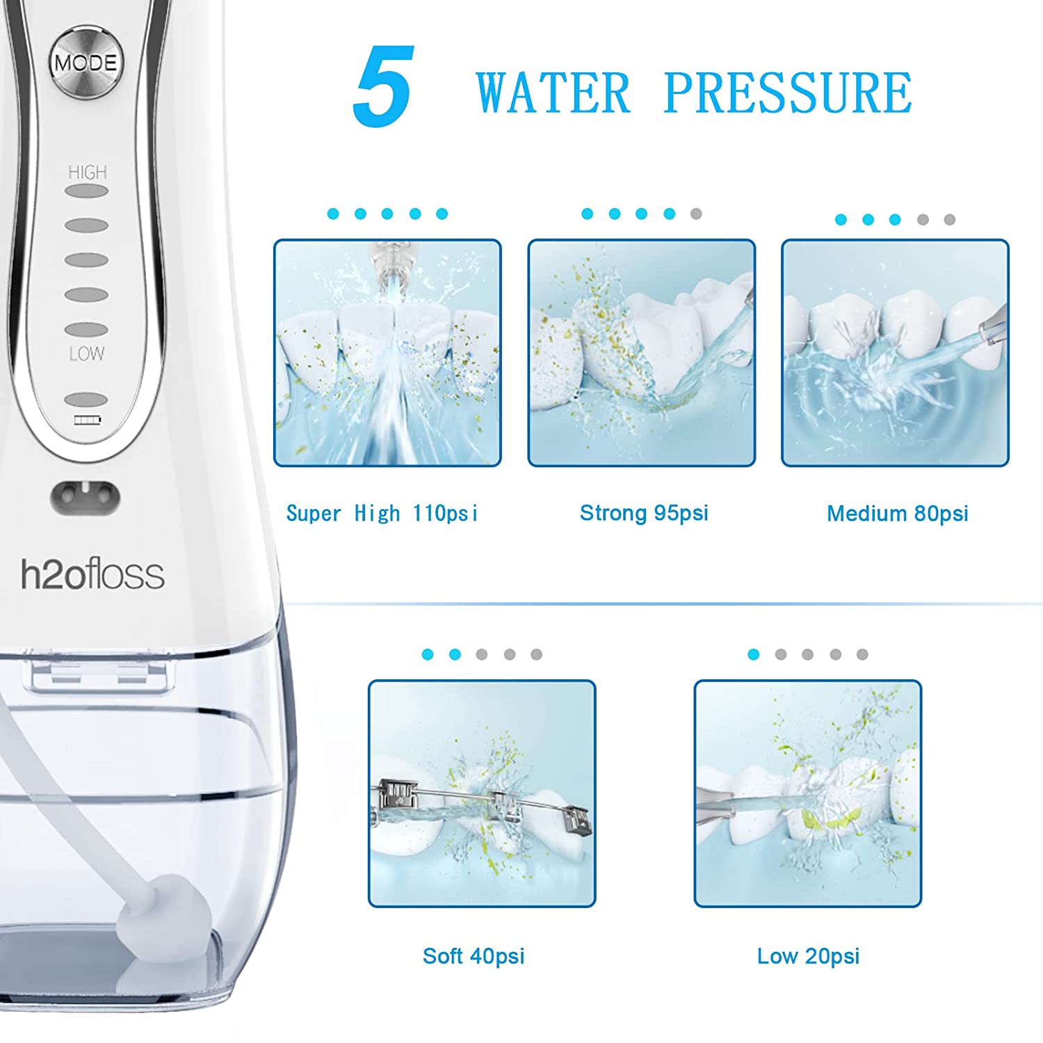H2ofloss Water Flosser Portable Dental Oral Irrigator with 5 Modes. 6 Replaceable Jet Tips. Rechargeable Waterproof Teeth Cleaner for Home and Travel -300ml Detachable Reservoir (HF-6)