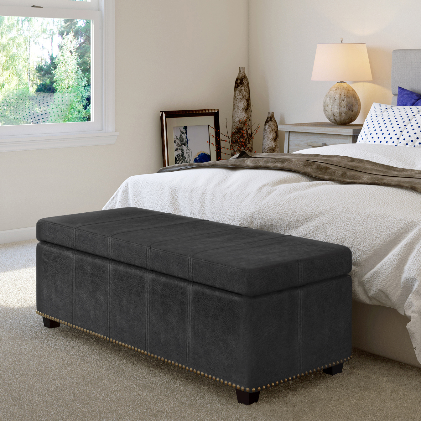 Simpli Home Kingsley Large Storage Ottoman-Finish:Distressed Black.Style:Faux Air Leather