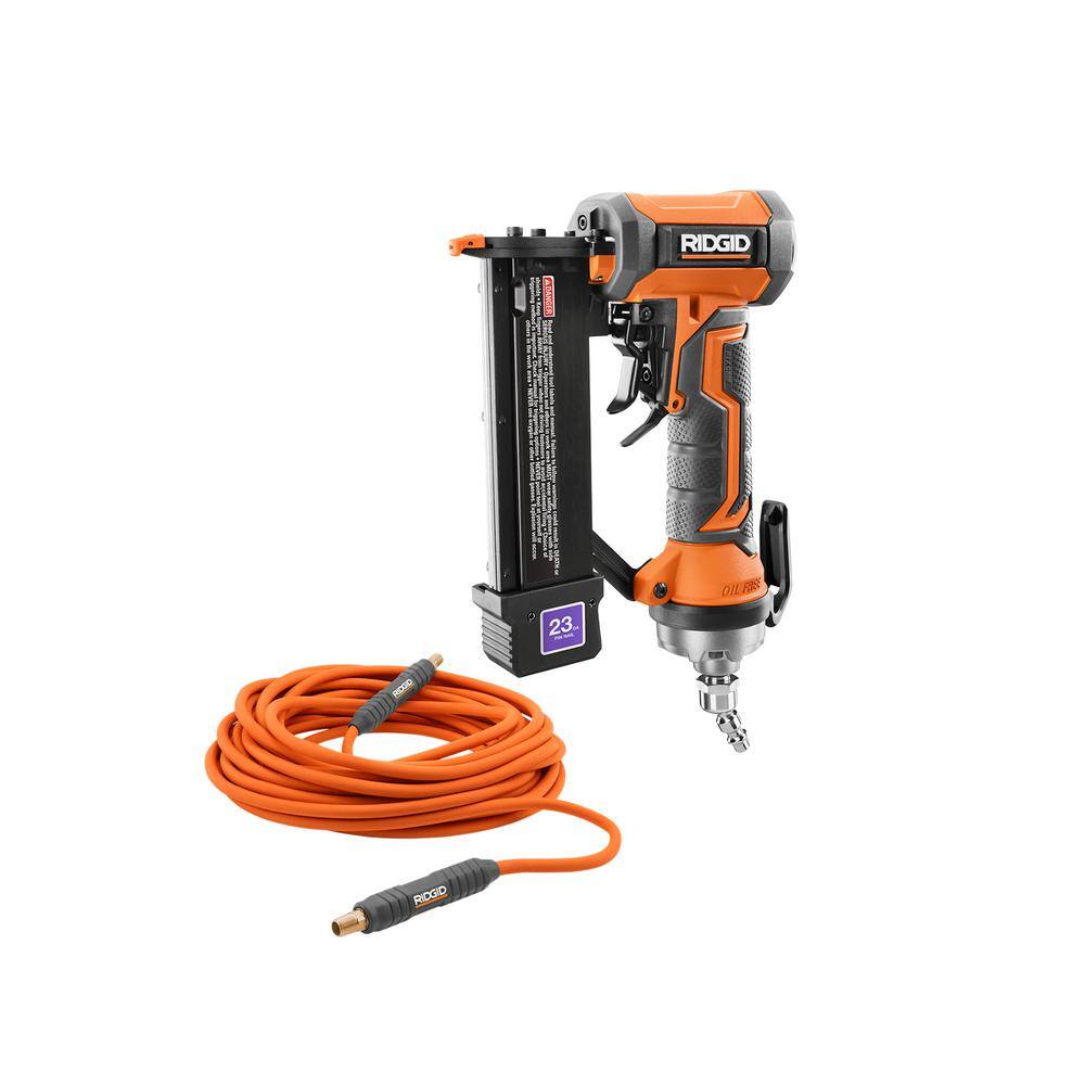RIDGID R138HPF-R5025LF Pneumatic 23-Gauge 1-3/8 in. Headless Pin Nailer with Dry-Fire Lockout with 1/4 in. 50 ft. Lay Flat Air Hose