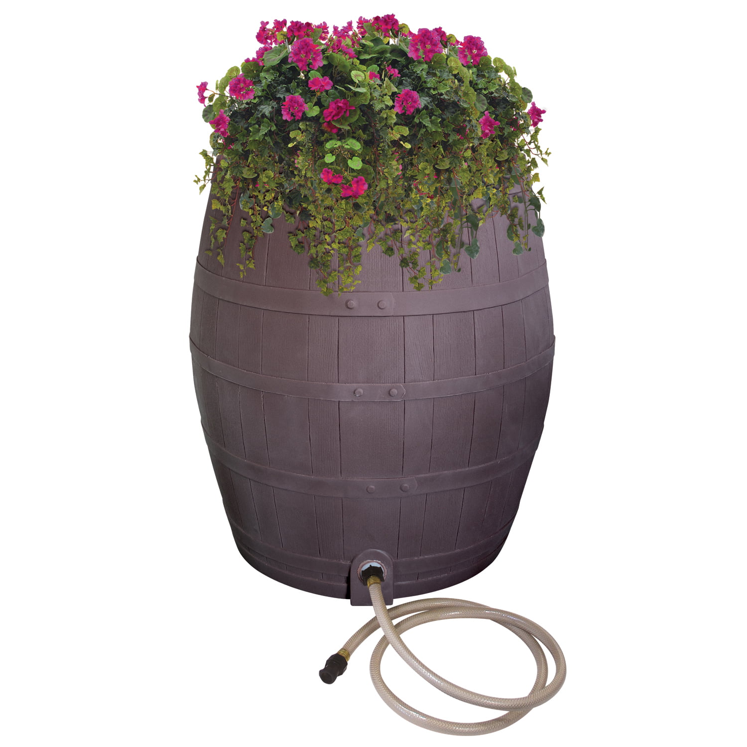 Rescue 50-Gallon Whiskey Rain Barrel – Includes Planter. Rain Water Diverter. Outlet Hose – Flatback Design – Brown