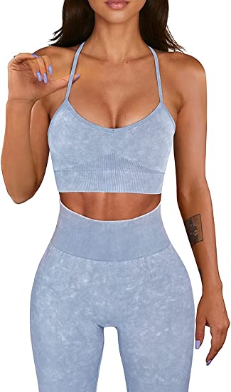 OQQ Workout Outfit for Women 2 Piece Seamless Acid Wash High Waist Leggings With Sports Bra Yoga Set