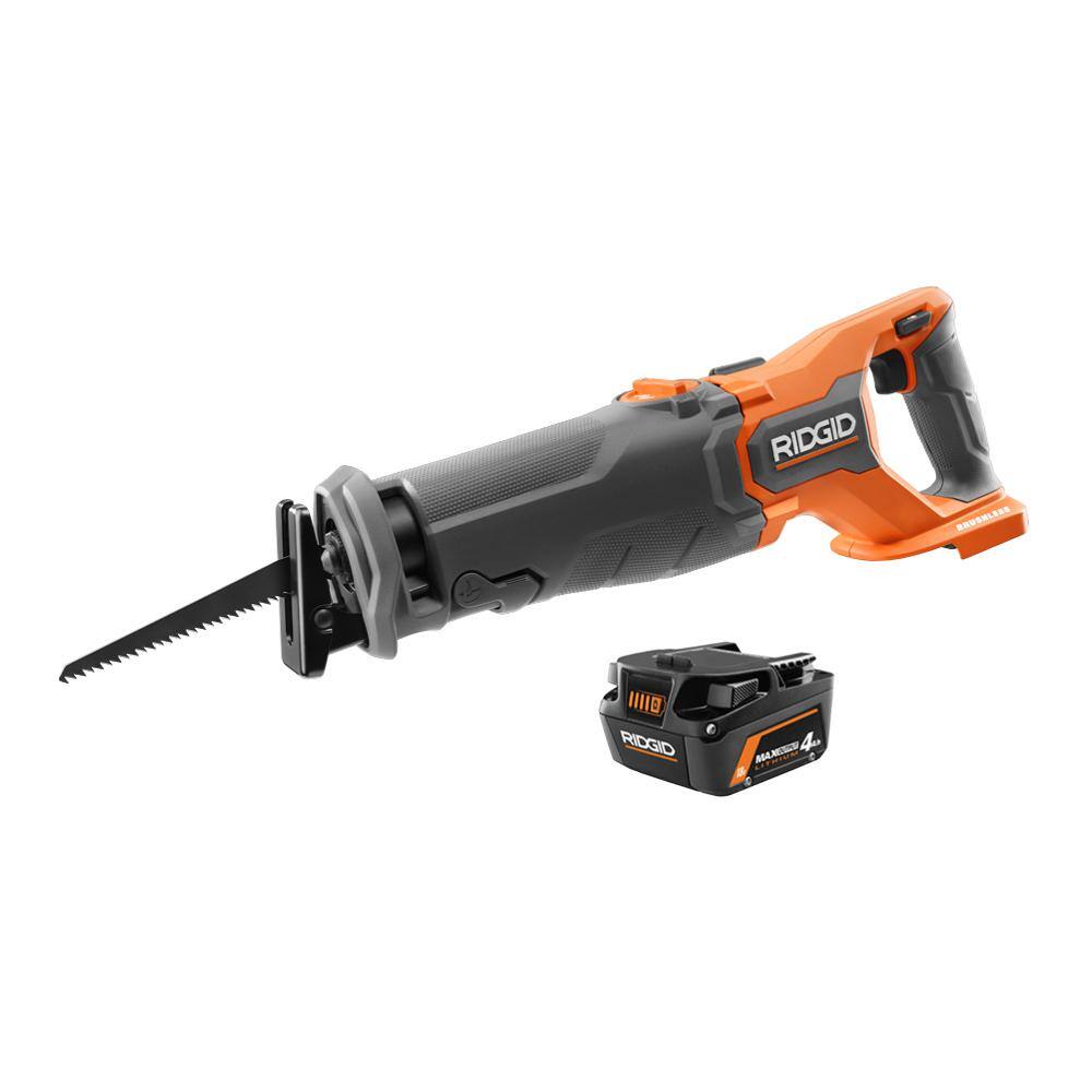 RIDGID R8647B-AC840040 18V Brushless Cordless Reciprocating Saw Kit with 18V 4.0 Ah MAX Output Lithium-Ion Battery