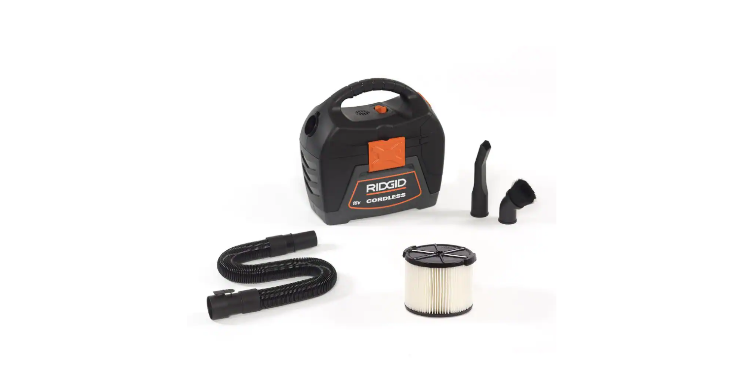 RIDGID WD0319 3 Gal. 18-Volt Cordless Handheld Wet/Dry Shop Vacuum (Tool Only) with Filter. Expandable Hose and Accessories