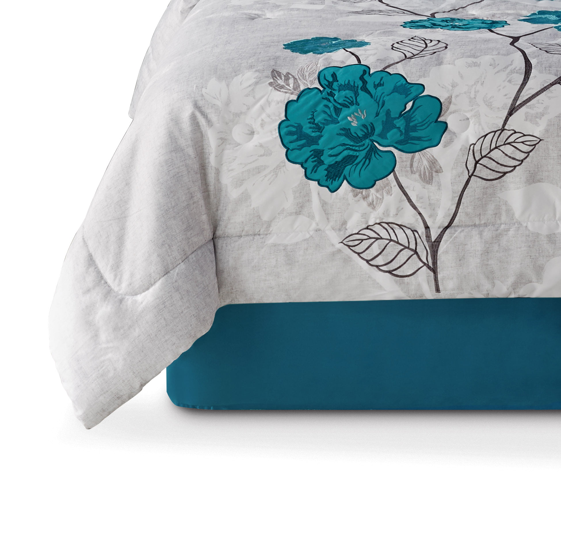 Mainstays 7-Piece Teal Roses Comforter Set. Full/Queen. With Embroidered Applique Detail