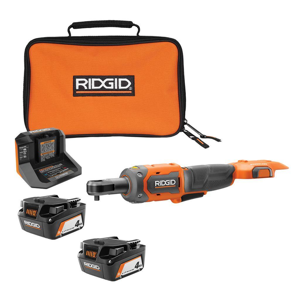 RIDGID R866010B-AC93044SBN 18V Brushless Cordless 1/4 in. Ratchet with (2) 4.0 Ah Batteries. Charger. and Bag