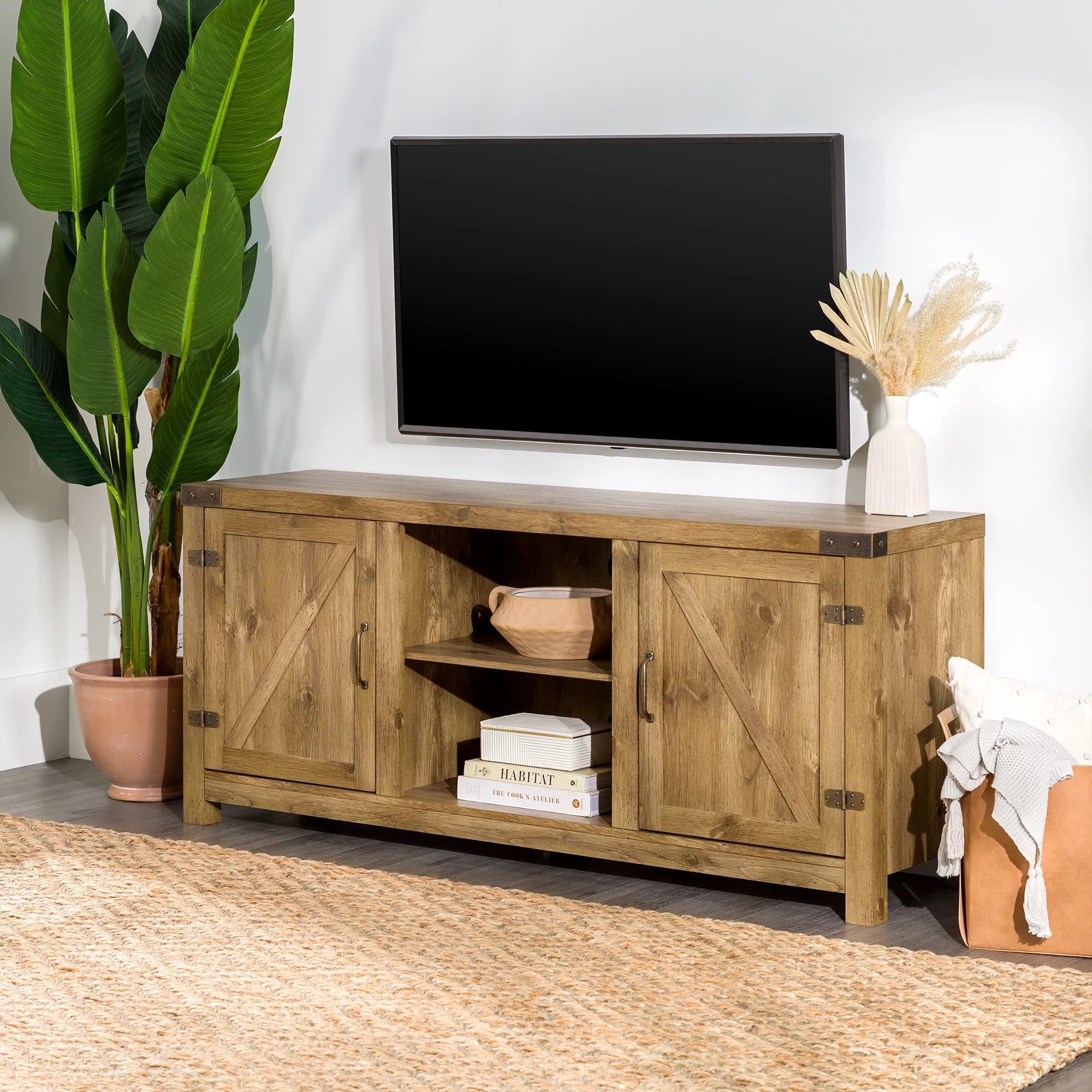Woven Paths Modern Farmhouse Barn Door TV Stand for TVs up to 65″. Barnwood