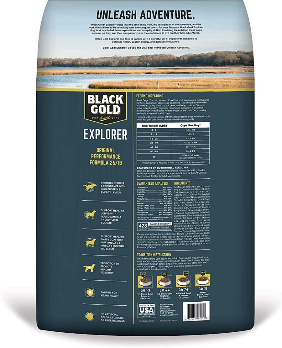 Black Gold Explorer Dry Dog Food for Adult Dogs. Original Performance 26/18 Formula. 50 lb Bag