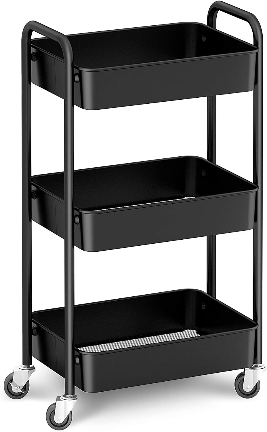 CAXXA 3-Tier Rolling Metal Storage Organizer - Mobile Utility Cart. Kitchen Cart with Caster Wheels (Black)