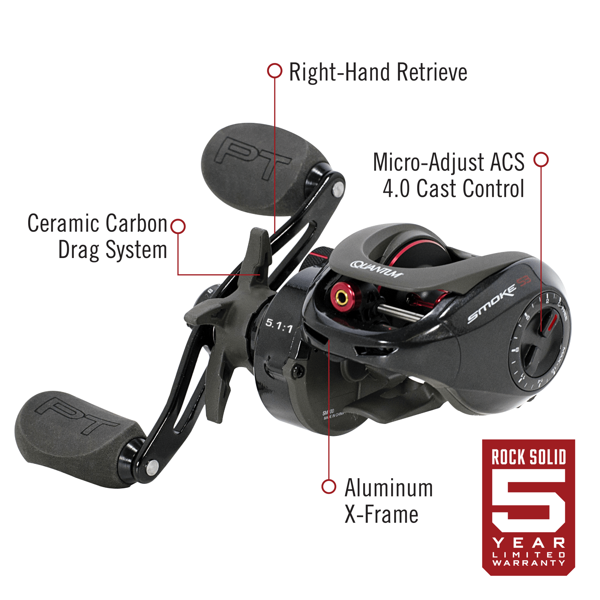 Quantum Smoke Baitcast Fishing Reel. Size 100 Reel. Right-Hand Retrieve. Large EVA Handle Knobs and Continuous Anti-Reverse Clutch. 10+1 Bearings. 5.1:1 Gear Ratio. Black