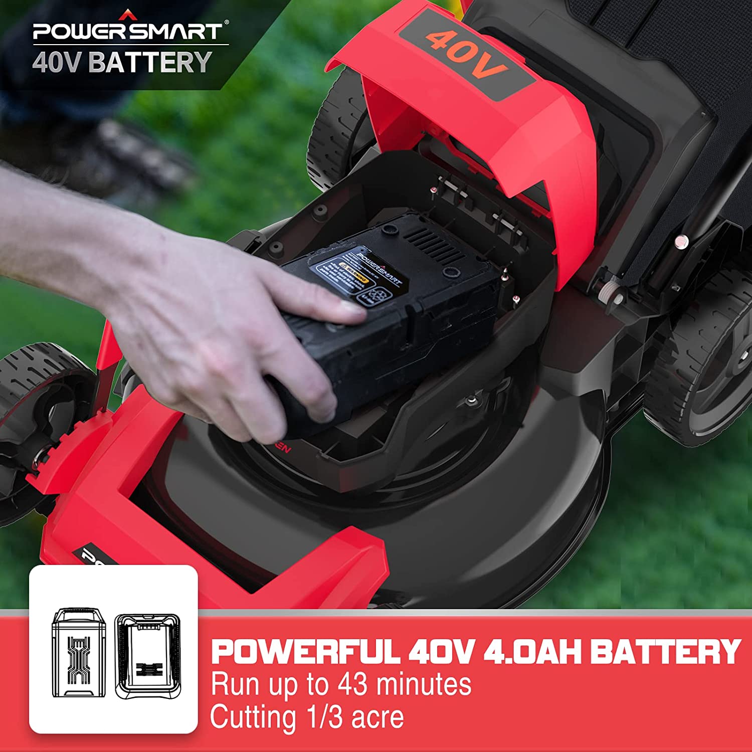 PowerSmart Lawn Mower Battery Powered with Bag. 17 Inch 3-in-1 with 40V 4.0Ah Lithium-ion Battery and Charger
