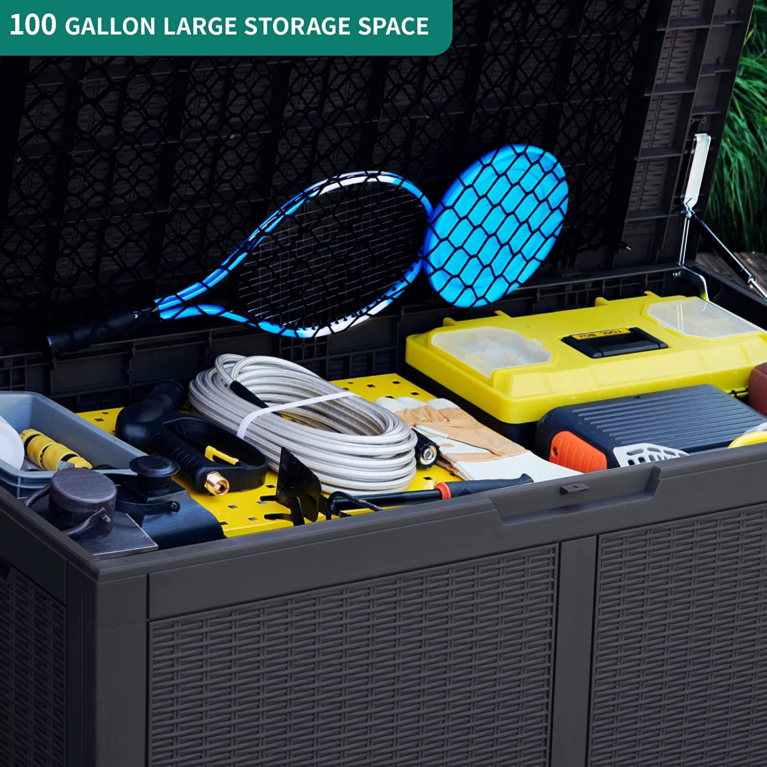 YITAHOME 100 Gallon Large Deck Box w/Storage Net. Resin Outdoor Storage Boxes. Waterproof Patio Cushion Storage Bench for Patio Furniture. Pool Supplies. Garden Tools- Rattan.Lockable (Dark Grey)