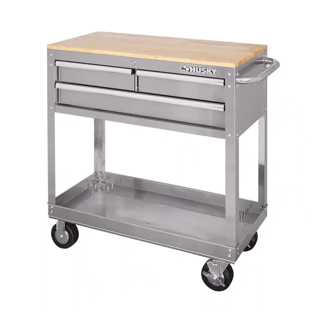 Husky HOUC3603BJX1 36 in. 3-Drawer with Solid Wood Top. Stainless Steel Utility Cart