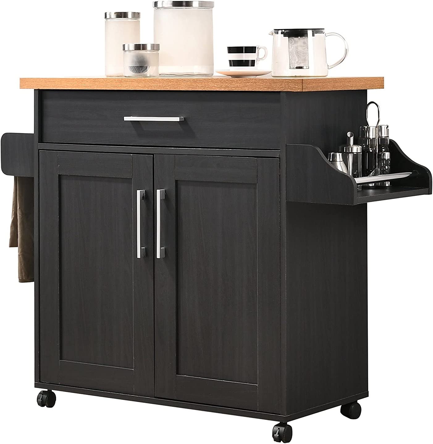 Hodedah Kitchen Island with Spice Rack. Towel Rack & Drawer. Black with Beech Top