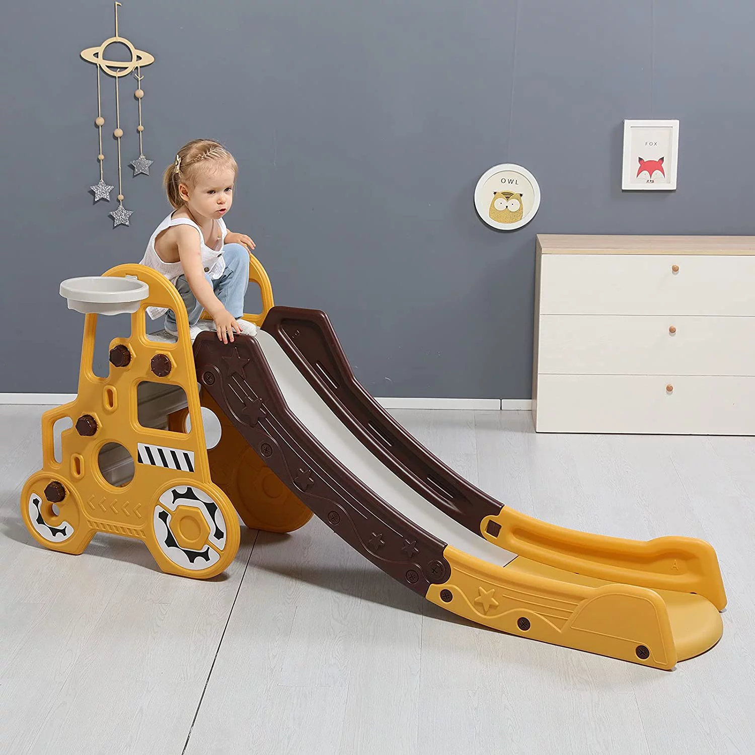 EALING BABY Kids Slide - Indoor Outdoor Toddler Climbing Toy with Basketball Hoop For Kids Ages 3-5 - Yellow