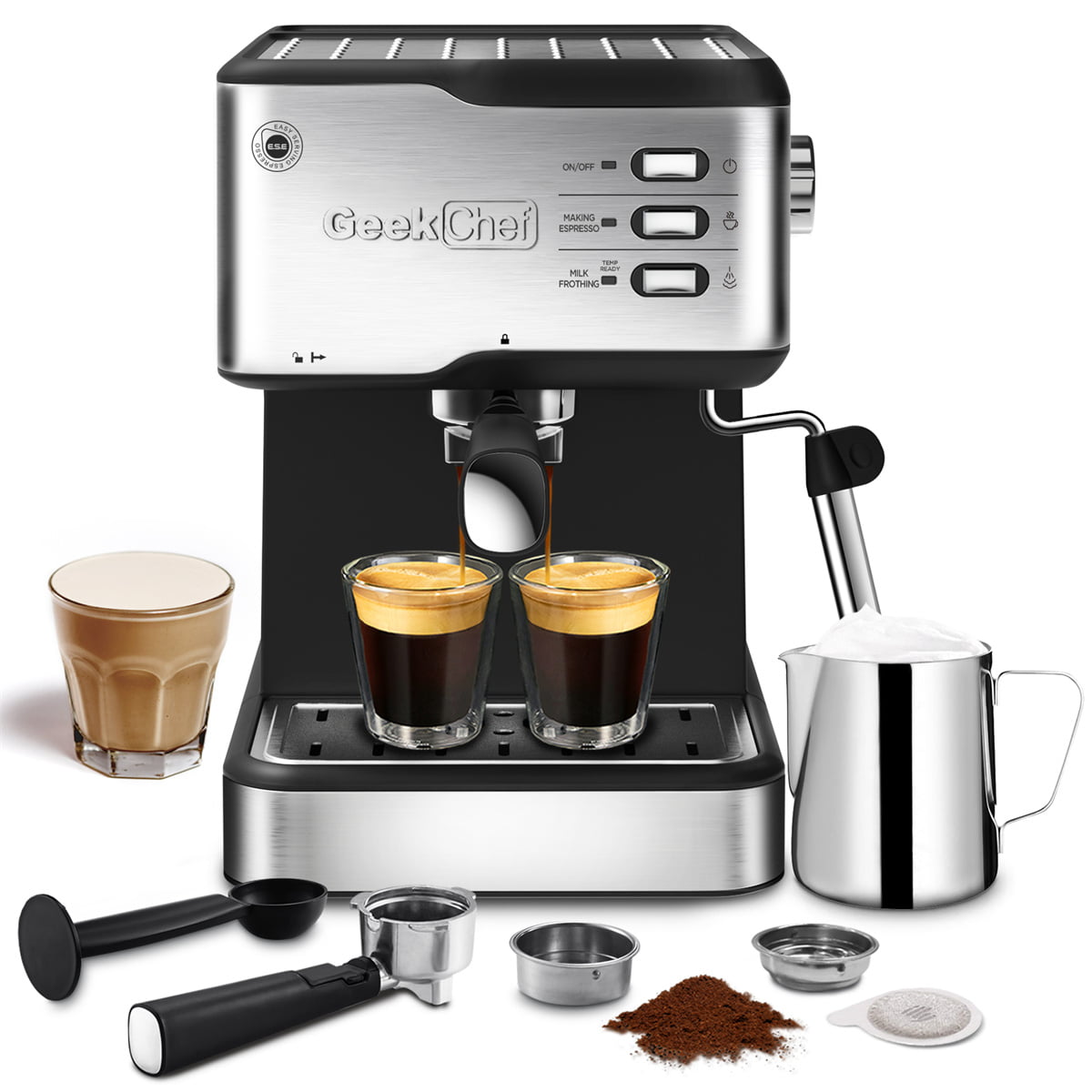 Geek Chef Espresso Machine. 20 Bar Espresso & Cappuccino Maker with Milk Frother Steam Wand. 1.5L Water Tank. Stainless steel
